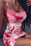 Sexy Camouflage Print Hollowed Out Square Collar One Step Skirt Dresses