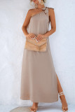 Casual Simplicity Solid Slit Oblique Collar Sleeveless Dress Dresses