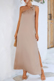 Casual Simplicity Solid Slit Oblique Collar Sleeveless Dress Dresses