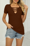 Casual Simplicity Solid Hollowed Out V Neck T-Shirts