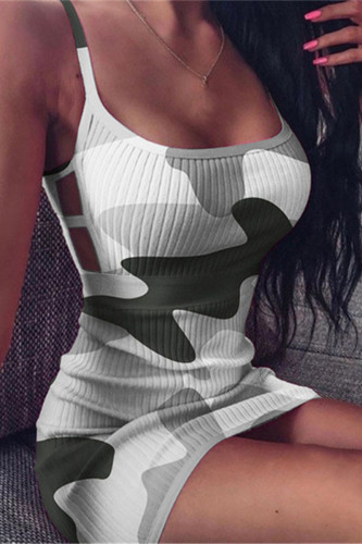 Sexy Camouflage Print Hollowed Out Square Collar One Step Skirt Dresses