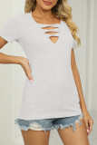Casual Simplicity Solid Hollowed Out V Neck T-Shirts