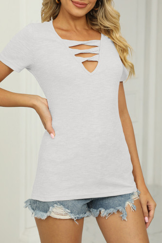 Casual Simplicity Solid Hollowed Out V Neck T-Shirts