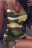 Sexy Camouflage Print Hollowed Out Square Collar One Step Skirt Dresses