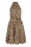 Sweet Elegant Print Bandage Halter Pleated Dresses