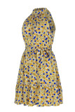 Sweet Elegant Print Bandage Halter Pleated Dresses