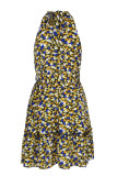 Sweet Elegant Print Bandage Halter Pleated Dresses