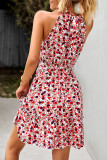 Sweet Elegant Print Bandage Halter Pleated Dresses
