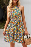 Sweet Elegant Print Bandage Halter Pleated Dresses