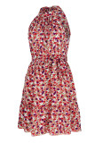 Sweet Elegant Print Bandage Halter Pleated Dresses