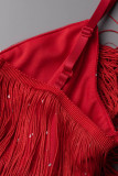 Sexy Solid Tassel V Neck Sling Dress Dresses