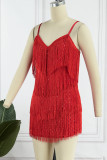 Sexy Solid Tassel V Neck Sling Dress Dresses