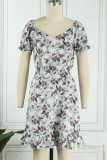 Sweet Print V Neck Waist Skirt Dresses