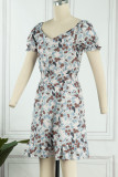 Sweet Print V Neck Waist Skirt Dresses