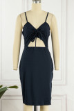 Casual Simplicity Solid Hollowed Out Slit V Neck Sling Dress Dresses