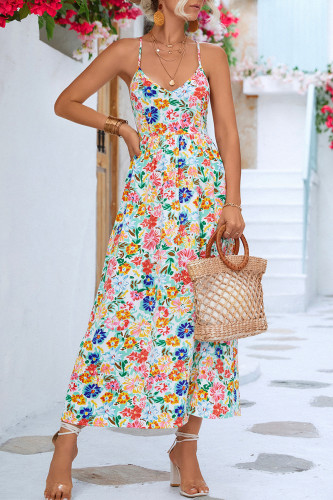 Elegant Vacation Floral Frenulum Backless V Neck Sling Dress Dresses