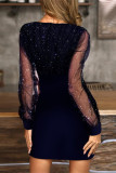 Work Solid Sequins Mesh V Neck Wrapped Skirt Dresses