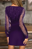 Work Solid Sequins Mesh V Neck Wrapped Skirt Dresses