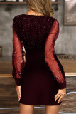 Work Solid Sequins Mesh V Neck Wrapped Skirt Dresses