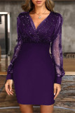 Work Solid Sequins Mesh V Neck Wrapped Skirt Dresses