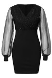 Work Solid Sequins Mesh V Neck Wrapped Skirt Dresses