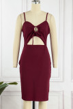 Casual Simplicity Solid Hollowed Out Slit V Neck Sling Dress Dresses