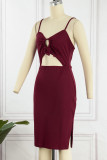 Casual Simplicity Solid Hollowed Out Slit V Neck Sling Dress Dresses