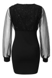 Work Solid Sequins Mesh V Neck Wrapped Skirt Dresses