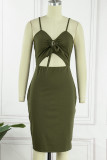 Casual Simplicity Solid Hollowed Out Slit V Neck Sling Dress Dresses
