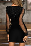 Work Solid Sequins Mesh V Neck Wrapped Skirt Dresses