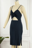 Casual Simplicity Solid Hollowed Out Slit V Neck Sling Dress Dresses