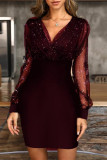 Work Solid Sequins Mesh V Neck Wrapped Skirt Dresses