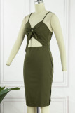 Casual Simplicity Solid Hollowed Out Slit V Neck Sling Dress Dresses