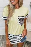 Casual Striped Leopard Patchwork Pocket T-Shirts