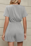 Casual Simplicity Solid Pocket Frenulum Buttons O Neck Loose Rompers