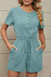 Casual Simplicity Solid Pocket Frenulum Buttons O Neck Loose Rompers