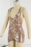Sexy Elegant Solid Sequins Backless V Neck Sling Dress Dresses