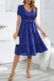 Casual Simplicity Frenulum With Belt O Neck Cake Skirt Dresses