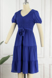 Casual Simplicity Frenulum With Belt O Neck Cake Skirt Dresses