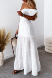 Sweet Vacation Solid Frenulum Backless Square Collar Cake Skirt Short Sleeve Dress