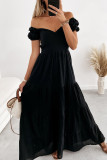 Sweet Vacation Solid Frenulum Backless Square Collar Cake Skirt Short Sleeve Dress