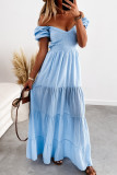 Sweet Vacation Solid Frenulum Backless Square Collar Cake Skirt Short Sleeve Dress
