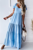 Sweet Vacation Solid Frenulum Backless Square Collar Cake Skirt Short Sleeve Dress