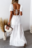 Sweet Vacation Solid Frenulum Backless Square Collar Cake Skirt Short Sleeve Dress