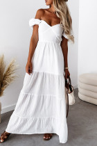 Sweet Vacation Solid Frenulum Backless Square Collar Cake Skirt Short Sleeve Dress