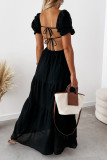 Sweet Vacation Solid Frenulum Backless Square Collar Cake Skirt Short Sleeve Dress