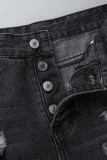Casual Street Solid Tassel Ripped Buckle Low Waist Straight Denim Shorts