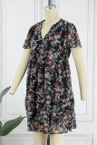 Elegant Simplicity Floral Patchwork Mandarin Collar Pleated Dresses