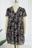 Elegant Simplicity Floral Patchwork Mandarin Collar Pleated Dresses