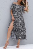 Sweet Elegant Print Asymmetrical Off the Shoulder A Line Short Sleeve Dress